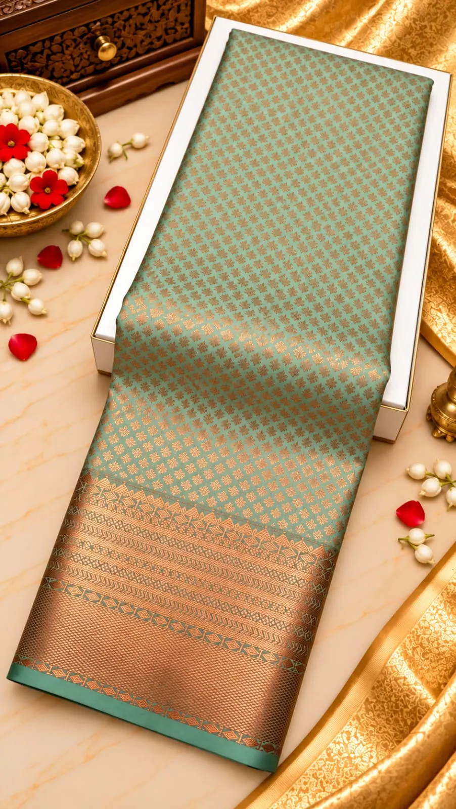 Pastel Sea Green Copper Zari Semi Kanchipuram Silk Saree